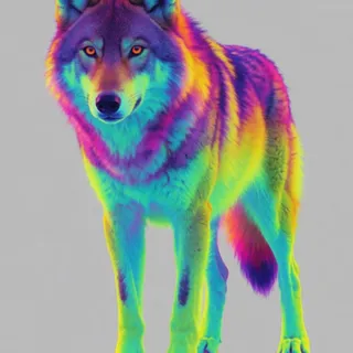 neon glowing color palette — 자홍·청록·형광노랑 사이키델릭 털. 완전히 비현실적 색상