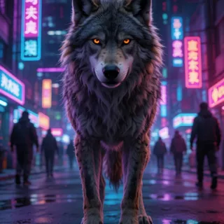 in a neon-lit cyberpunk city street — 젖은 거리, 한자풍 네온 간판, 행인 실루엣, 자홍/청록 조명이 털에 반사