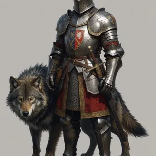 medieval fantasy era, armor and heraldry — 판금 갑옷 기사가 한 명 등장해 늑대 옆에 섬. 늑대 자체는 변화 없음