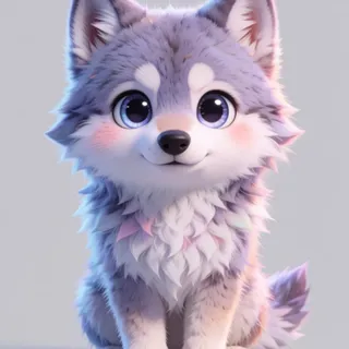 adorable cute friendly, big soft sparkling eyes, pastel soft colors — 3D 애니메이션풍 치비 강아지로 완전 변환. 라벤더 파스텔, 거대 눈, 볼터치, 앉은 자세
