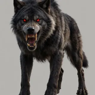 terrifying monstrous predator, bloody fangs, glowing red eyes — 검은 털, 빨간 발광 눈, 거대 송곳니, 갈기 곤두섬, 낮은 스토킹 자세