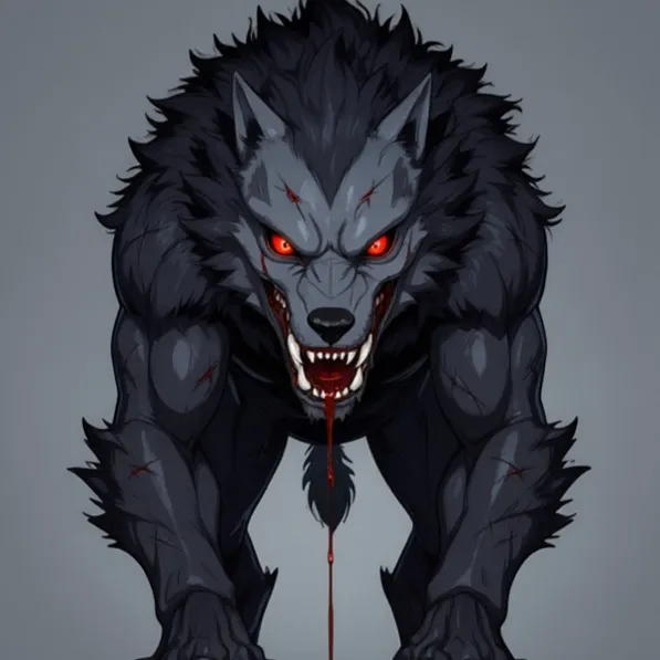Z-Anime: terrifying monstrous predator, bloody fangs, glowing red eyes