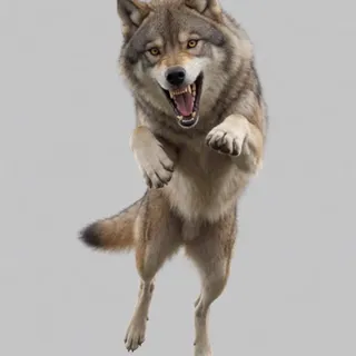 leaping mid-air attack pounce — 공중에 뜬 채 앞발 벌리고 이빨 드러냄. 네 발 모두 지면 이탈