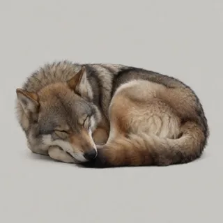 curled up sleeping peacefully — 몸을 말고 눈 감음, 꼬리로 코 덮음. 바닥 그림자까지