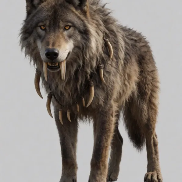 Krea 2 Turbo: ice age megafauna, massive shaggy dire wolf, sabertooth fangs, bone ornaments