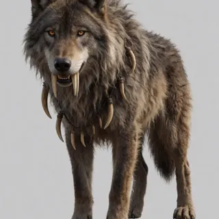 ice age megafauna, massive shaggy dire wolf, sabertooth fangs, bone ornaments — 덥수룩 털 + 긴 검치 + 송곳니 목걸이. 선사 크리처 완성