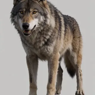 sabertooth fangs, oversized curved canines — 입 살짝 벌리고 작은 송곳니 노출. 검치라기엔 짧음