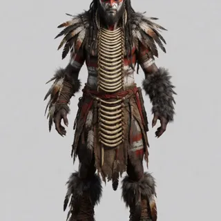 bone ornaments, tribal war paint, feathers — 늑대가 사라지고 인간 주술사가 등장. 소재 완전 교체