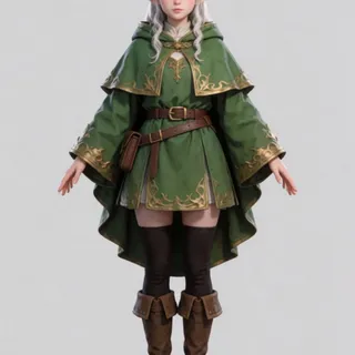 an elf mage girl — 반실사 3D 캐릭터, 녹색 망토·금장식