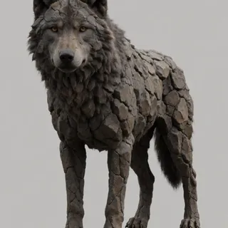 rough cracked stone body — 몸통·다리는 균열 암석 판, 갈기·꼬리는 털 유지 → 돌+털 하이브리드
