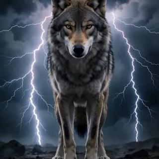 thunderstorm, lightning strikes, dark clouds — 양쪽으로 갈라지는 번개, 먹구름, 늑대 뒤 역광. 극적